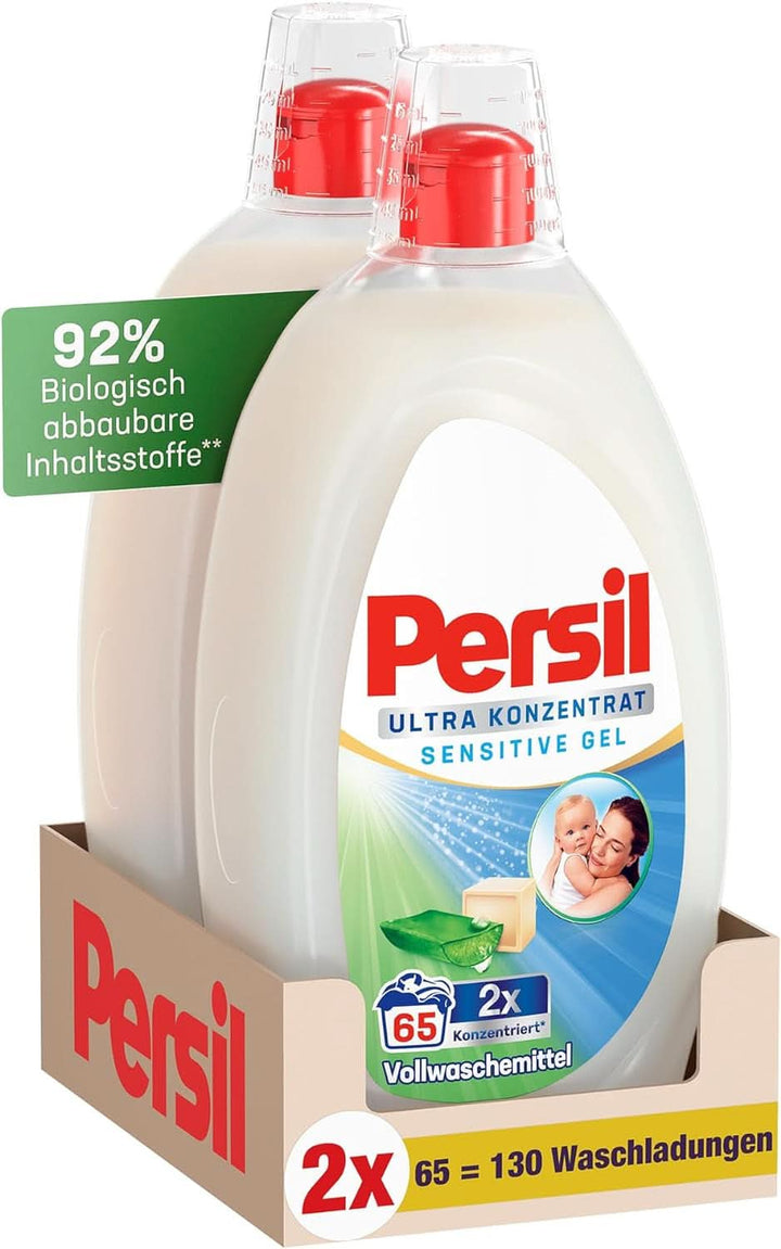 Persil Ultra Concentrate Sensitive Gel (130 de spălări), Detergent lichid pentru alergici și bebeluși într-o sticlă mai mică pentru mai puțin plastic, Îndepărtează petele dificile, Testat dermatologic