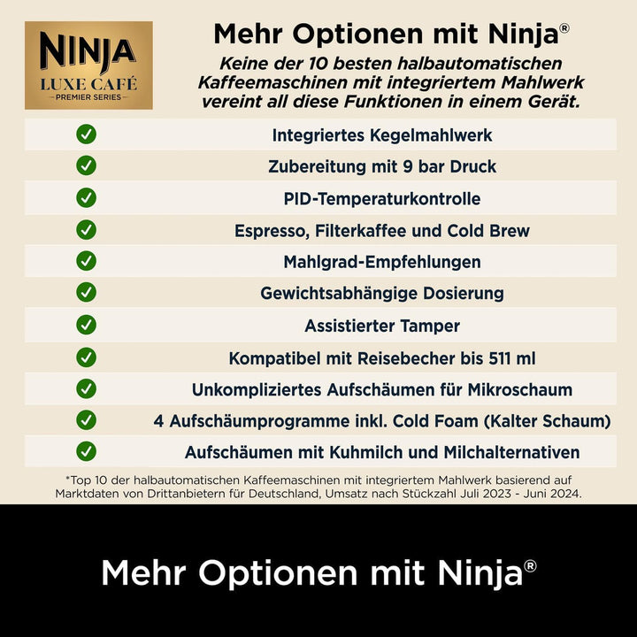 Cafetieră Ninja Luxe Premier 3 în 1 cu râșniță și spumator pentru latte, cappuccino, Cold Brew și espresso, ușor de utilizat, 4 presetări de spumare, argintiu, ES601EU