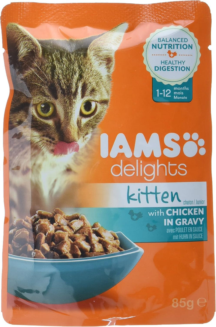 IAMS Delights Kitten Hrană umedă - Multipack Hrană pentru pisici cu pui în sos, hrană de înaltă calitate pentru pisoi junior de la 1-12 luni, 12 X 85G