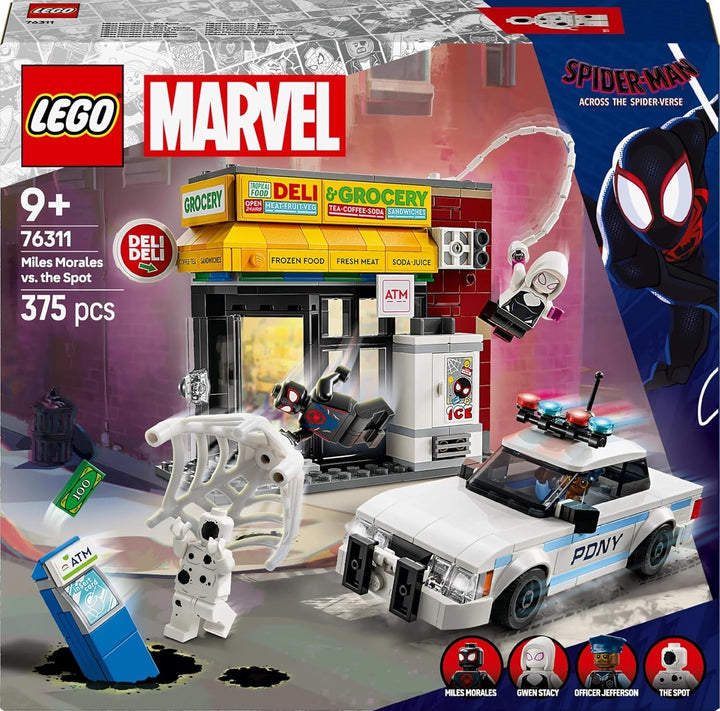 LEGO Marvel Spider-Verse: Miles Morales Vs. Spot - Set de joacă pentru supereroi cu mașină de jucărie - 4 minifigurine și mini-market - Cadou pentru băieți și fete cu vârsta de 9+ 76311