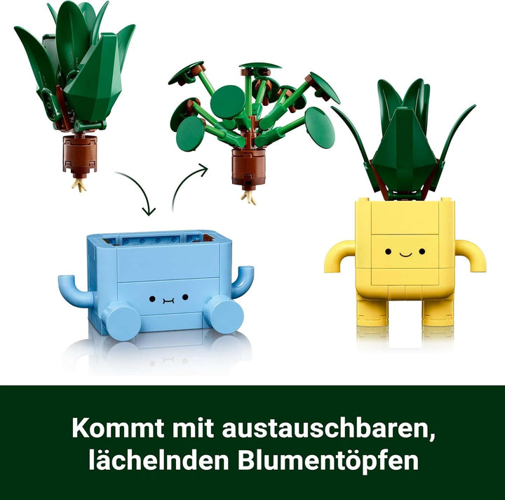 LEGO Botanicals Happy Plants - Set de bricolaj pentru copii cu 2 flori artificiale și 2 ghivece de flori colorate cu fețe de desene animate - Idee de cadou pentru fete de la 9 ani - 10349