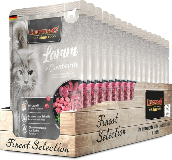 LEONARDO Fresh Pouch [16X85G Lamb + Cranberries] | Hrană umedă fără cereale pentru pisici | Hrană umedă completă în pungă cu porție unică