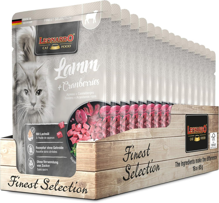 LEONARDO Fresh Pouch [16X85G Lamb + Cranberries] | Hrană umedă fără cereale pentru pisici | Hrană umedă completă în pungă cu porție unică