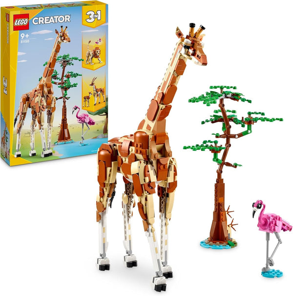 LEGO Creator 3In1 Animal Safari, set creativ cu figurine de animale, 3 opțiuni de construcție: Girafă de jucărie, gazelă și leu, animale de jucărie pentru fete și băieți, cadou natural pentru copii cu vârsta de 9+ 31150