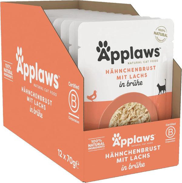 Applaws 100% hrană umedă naturală pentru pisici, piept de pui cu somon în bulion - pachet cu 12 pungi de 70G X