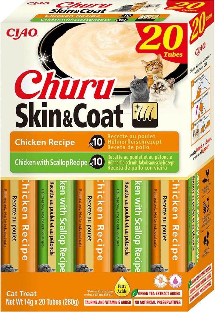 INABA Churu Hairball Control anti Hairball Tratamente premium pentru pisici cu taurină și fibre, pui și ton 20 X 14 G | Fără cereale, fără zahăr, fără subproduse, anti hairball cat