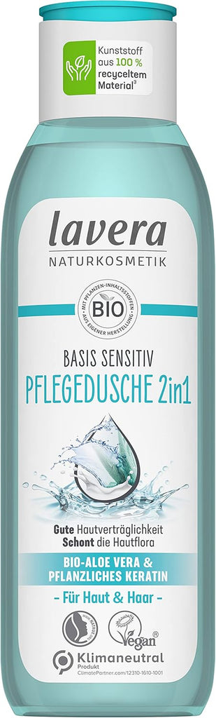 Lavera Care Basis Sensitiv 2 în 1, Șampon și gel de duș cu aloe vera bio și keratină vegetală, 250 ml