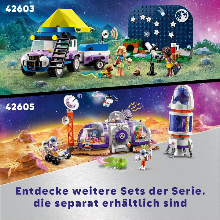 Set de vehicule de camping LEGO Friends Stargazer cu mașină de teren și telescop de jucărie, cadou de la 7 ani pentru fete și băieți, include figurile de joc Nova, Aliya și un câine 42603