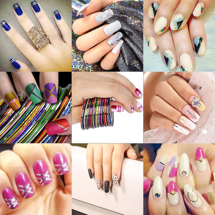 Set de stickere și accesorii pentru unghii - 5 stickere pentru unghii, pensulă, pietre, bandă decorativă, foiță de aur - Perfect pentru manichiură și unghii cu gel - Set de 50 de piese