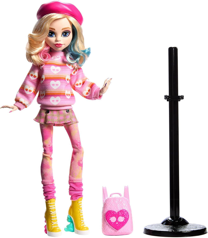 Păpușă și accesorii Monster High Wednesday, Enid Sinclair figurină de colecție în roz cu beretă și rucsac, suport pentru păpușă, HXJ05