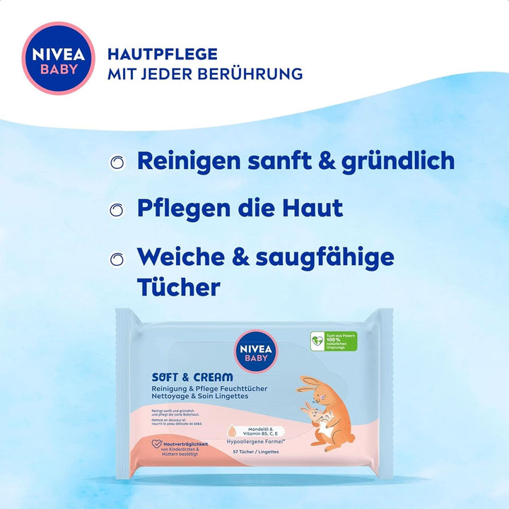 NIVEA Baby AQUA Feuchttücher, Baby Feuchttücher Zur Sanften Reinigung Empfindlicher Haut, Hypoallergene Und Parfümfreie Feuchttücher Für Babys Mit 99% Wasser (4 X 57 Stück)