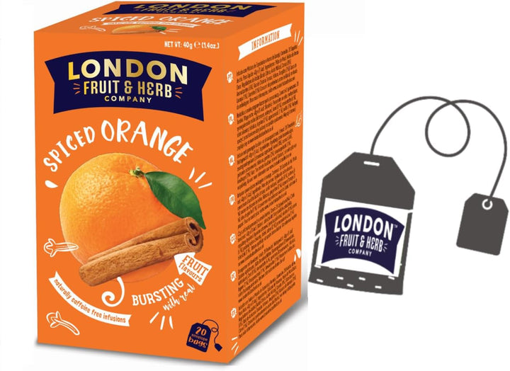 London Fruit® | Infuzie de condimente și portocale | Infuzie de scorțișoară, portocale și ghimbir, pliculețe individuale – 20 filtre (40 g) | Ceai din plante fără cofeină