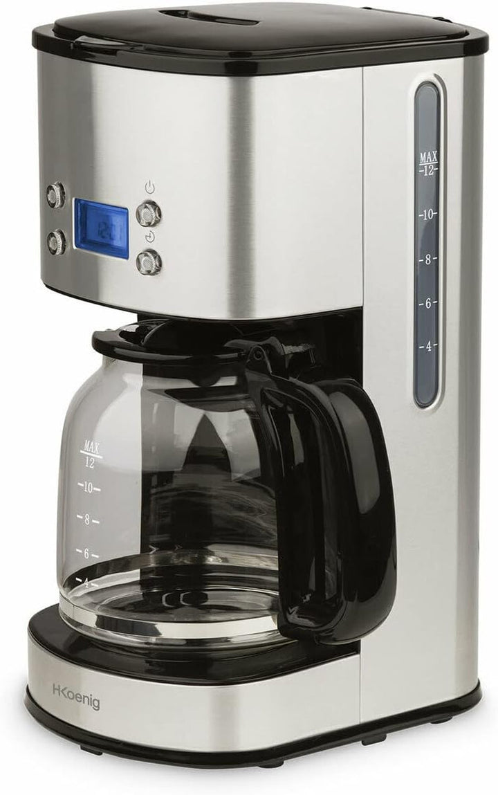 Cafetieră cu filtru din oțel inoxidabil H.Koenig 1,5L (12 cești) MG30, 1000W Carafă din sticlă gradată, Sistem anti-picurare, Menține cald, Afișaj Ldc, Oprire automată, Suport filtru detașabil, lavabil