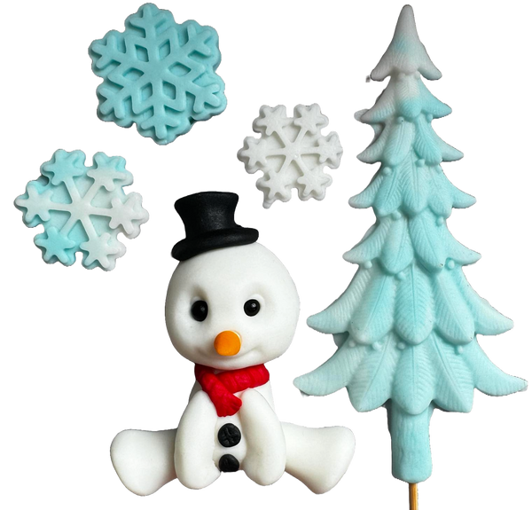 Lot de 5 décorations comestibles en pâte à sucre, Bonhomme de neige, Flocons de neige et Sapin de Noël