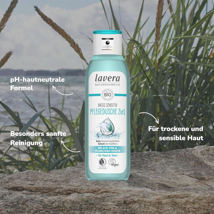 Lavera Care Basis Sensitiv 2 în 1, Șampon și gel de duș cu aloe vera bio și keratină vegetală, 250 ml