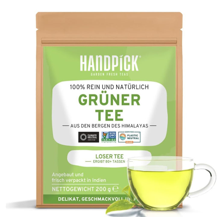 HANDPICK, pliculețe de ceai verde - 25 bucăți | 100% frunze de ceai verde pur din Himalaya, India | Plicuțe de ceai verde ecologice, preparare la cald sau rece