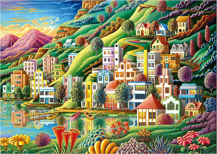 Educa - Puzzle 500 piese pentru adulți | Satul colorat de lângă lac, puzzle 500 piese pentru adulți și copii de la 11 ani, puzzle peisaj, ilustrație (19552)