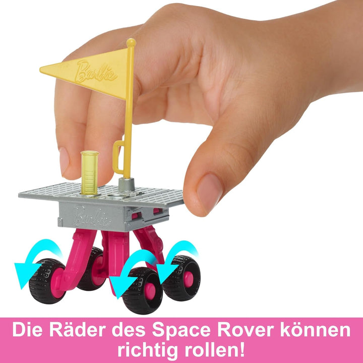 Barbie 65th Anniversary Doll și 10 accesorii, set astronaut cu păpușă brunetă, Rover cu roți, cască spațială cu vizor personalizabil și multe altele, HRG45