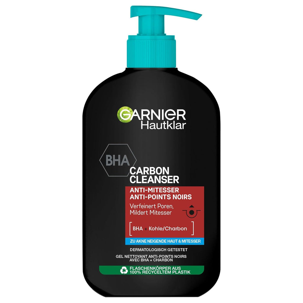 Garnier, Cleanser cu cărbune, gel de curățare facială împotriva punctelor negre și a coșurilor, 250 ml