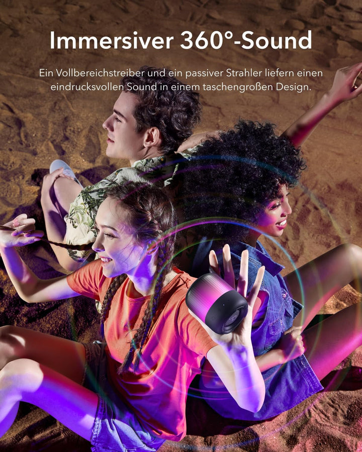 Soundcore Glow Mini Speaker, difuzor Bluetooth portabil, sunet 360°, spectacol de lumini, 12 ore de redare, EQ și lumină personalizabile, IP67 rezistent la apă și praf, pentru camping, acasă și petreceri pe plajă