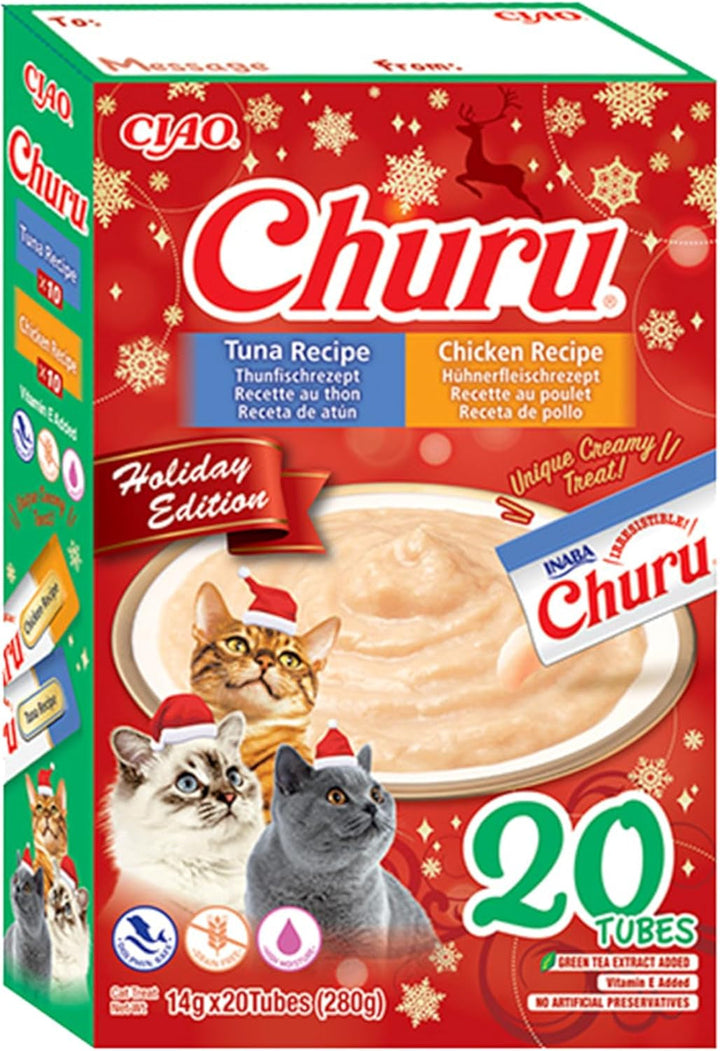 INABA Churu Hairball Control anti Hairball Tratamente premium pentru pisici cu taurină și fibre, pui și ton 20 X 14 G | Fără cereale, fără zahăr, fără subproduse, anti hairball cat