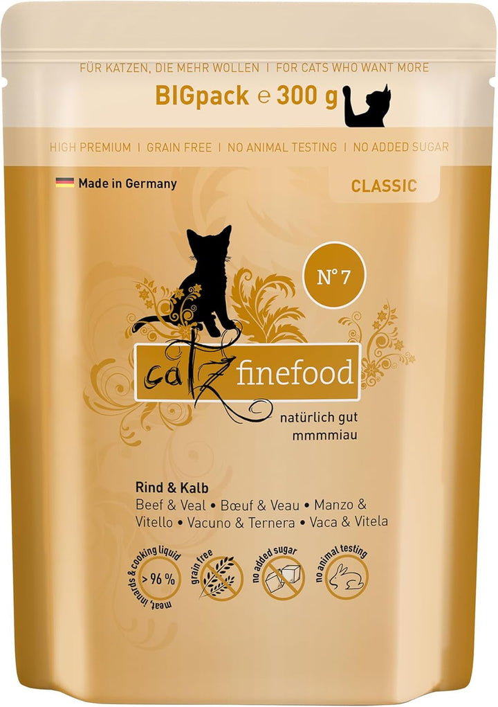 Catz Finefood N° 7 Carne de vită și vițel Delicatessen Hrană umedă pentru pisici, rafinată cu caise și ananas, pungă 16 X 85G