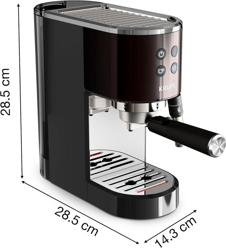 Krups XP444G Virtuoso+ espressor portafilter, 15 bar presiune pompă, 3 filtre crema, duză abur din oțel inoxidabil, panou de control intuitiv, control rotativ, incl. lingură de dozare / tampon, crom / negru