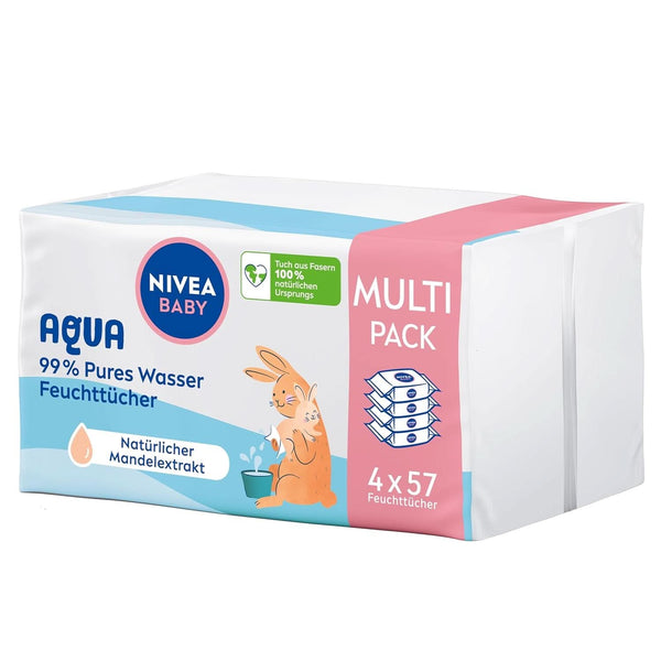 NIVEA Baby AQUA Feuchttücher, Baby Feuchttücher Zur Sanften Reinigung Empfindlicher Haut, Hypoallergene Und Parfümfreie Feuchttücher Für Babys Mit 99% Wasser (4 X 57 Stück)