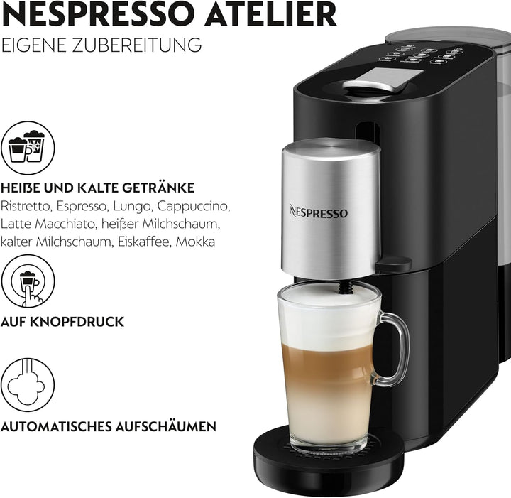 Aparat de cafea Nespresso Krups Atelier cu spumă de lapte, rezervor de apă de 1 litru, inclusiv ceașcă de sticlă + capsule, presiune 19 bar, negru/argintiu, XN8908