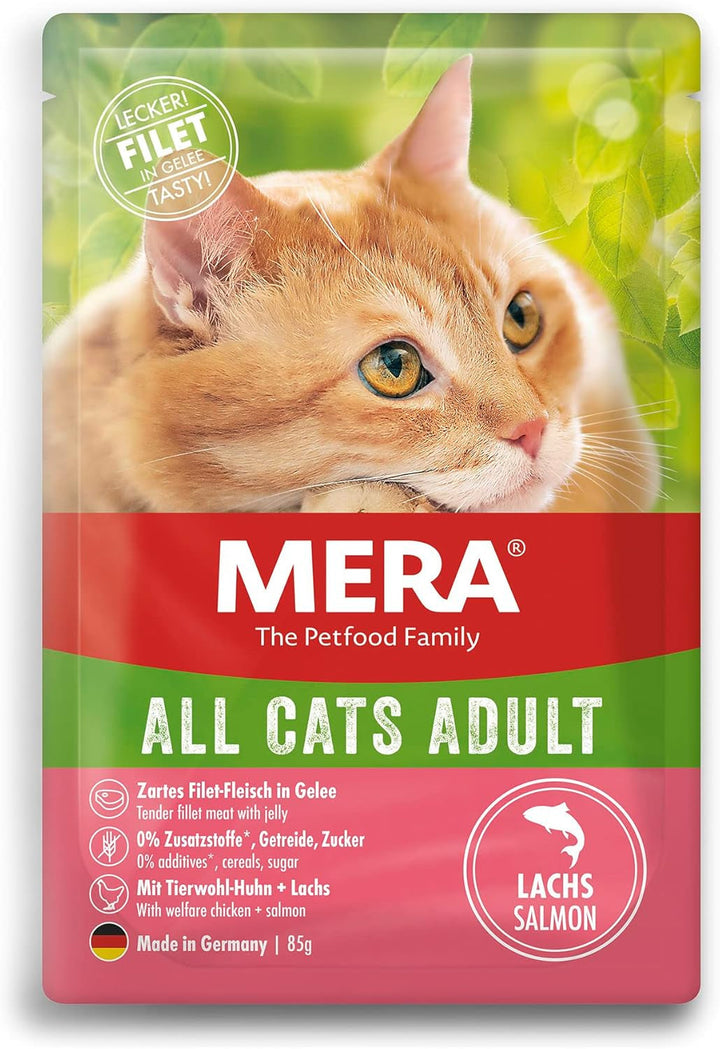 Mera Cats Adult Wet Food Multibox, pentru pisici adulte, fără cereale și sustenabilă, hrană pentru pisici cu conținut ridicat de carne din pui, vită, rață și somon, 12 X 85 G