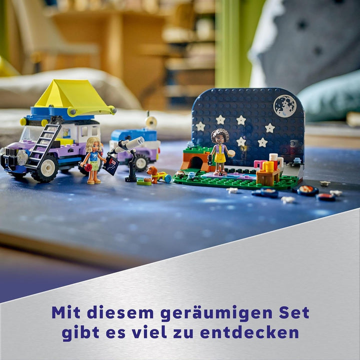 Set de vehicule de camping LEGO Friends Stargazer cu mașină de teren și telescop de jucărie, cadou de la 7 ani pentru fete și băieți, include figurile de joc Nova, Aliya și un câine 42603