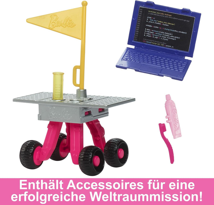 Barbie 65th Anniversary Doll și 10 accesorii, set astronaut cu păpușă brunetă, Rover cu roți, cască spațială cu vizor personalizabil și multe altele, HRG45
