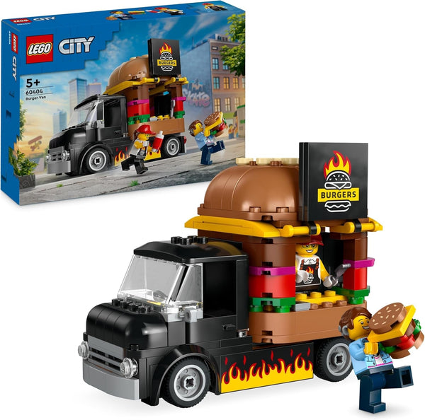 LEGO City Burger Truck, set de construcție cu mașină de jucărie pentru copii de 5 ani, minifigurină Food Truck și accesorii, cadou distractiv pentru băieți și fete 60404