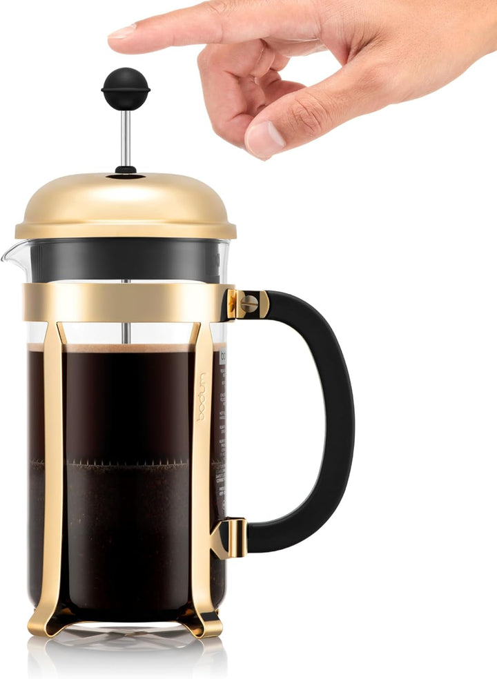 Cafetieră Bodum French Press Chambord - 1L / 8 căni Gold - Sticlă rezistentă la căldură și filtru din oțel inoxidabil - Cafetieră fără BPA, potrivită pentru mașina de spălat vase - Fabricată în Portugalia