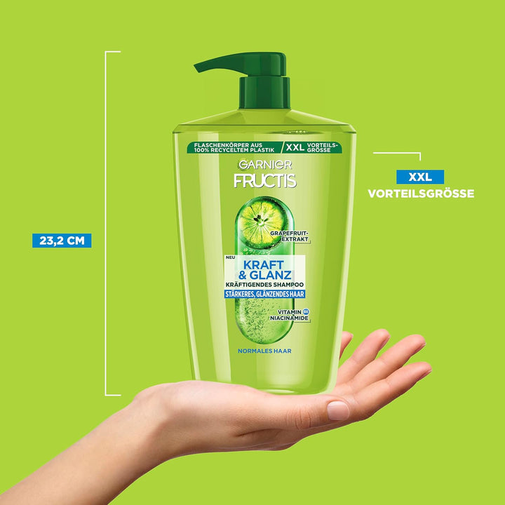 Garnier Fructis Kraft Und Glanz Kräftigendes Shampoo Grapefruitextrakt XXL, Gibt Dem Haar Kraft Und Energie Zurück, Für Stärkeres Und Glänzendes Haar, Maxi Format, 1000 Ml