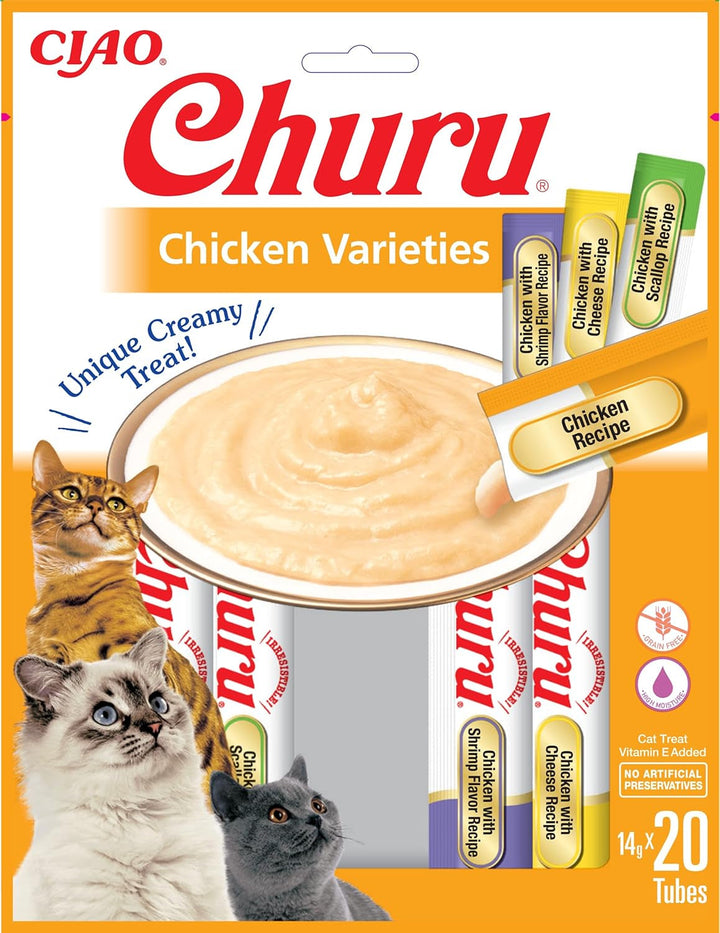 INABA Churu Hairball Control anti Hairball Tratamente premium pentru pisici cu taurină și fibre, pui și ton 20 X 14 G | Fără cereale, fără zahăr, fără subproduse, anti hairball cat