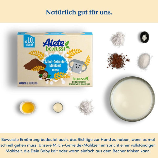 Alete Bewusst Milch-Getreide-Mahlzeit Kakao, Ab Dem 10. Monat, Trinkfertige Babynahrung Mit Kakaopulver, Praktischer Ersatz Zu Babybrei, Warm Oder Kalt Trinken, 400 Ml (2 X 200 Ml)