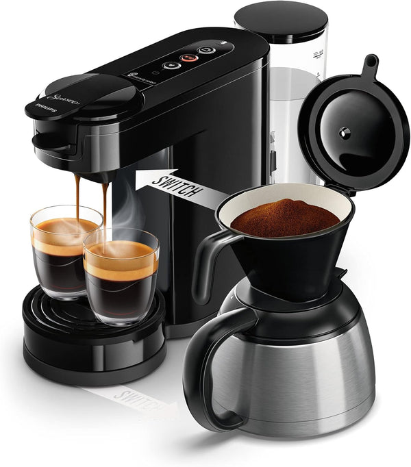 Cafetieră cu filtru și doze Philips Senseo Switch, tehnologie de preparare 2 în 1, recipient pentru apă de 1 litru, 7 cești dintr-o dată, negru pian (HD6592/64)