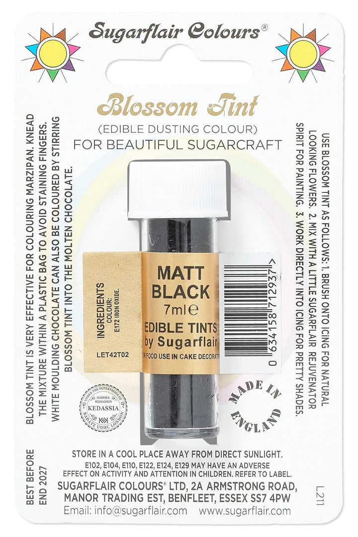 Sugarflair Blossom Tint Dusting Lebensmittelfarbe Pulver Matt Black - Lebensmittel Farbe Pulver Zur Dekorationen Farbzuckerpaste, Fondant, Zuckerguss, Schokolade, Buttercreme, Macarons - 7Ml