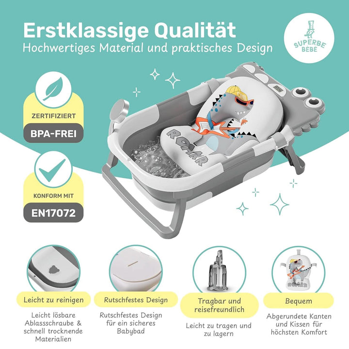 Faltbare Babybadewanne Mit Badekissen Und Integriertem Thermometer - Kinderbadewanne Mit Kostenlosem Badewannenhalter - Ideal Als Geburtsgeschenk Für Mädchen Oder Jungen - Von Geburt an Baby-Badewanne