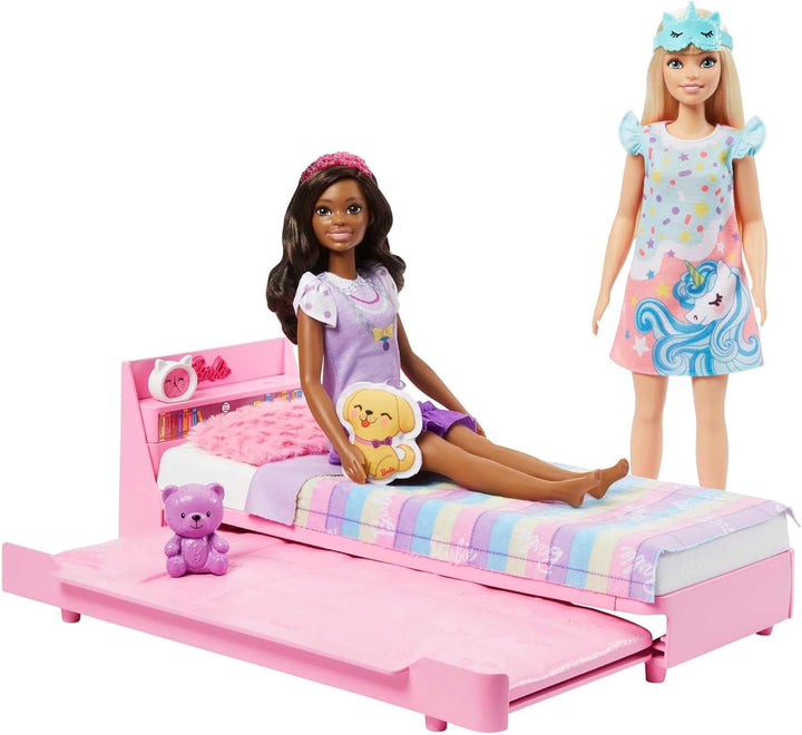 Barbie My First Series, Pat rulant, Pat cu accesorii, Ceas cu alarmă, Ursuleț de pluș, Set negru, Pernă, Păpușă, Cadou pentru copii, Jucării de la 3 ani,Hmm64