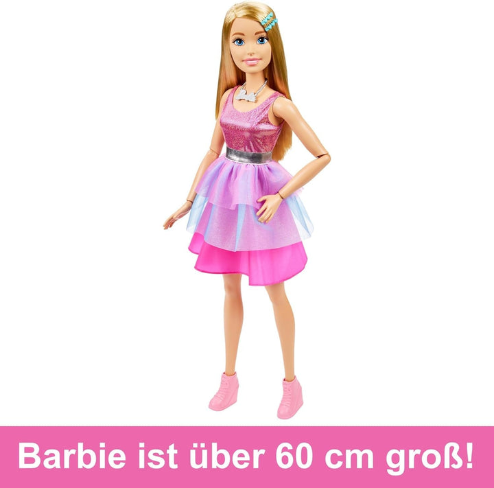 Păpușă Barbie Extra Large (71 cm) - rochie roz, păr blond cu baretă și colier, cadou pentru copii 3+, HJY02