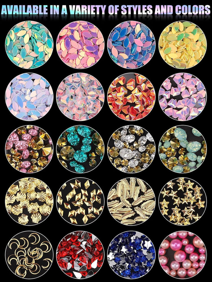 EBANKU Nail Art Strass Kit Multi Design Zubehör Mit 1 Pinzetten 1 Stück Wachsstifte Deko Diamanten Kristalle Perlen Edelsteine Bunt Pferdeaugen Strass Metall Nieten Für Nagel DIY (1 Stück (10Er Pack))