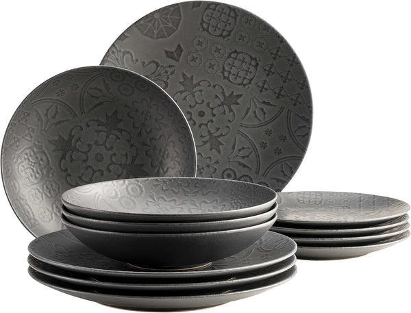 MÄSER 935076 Serie Tiles Vintage Tafelservice Für 4 Personen Im Maurischen Stil Mit Moderner Mattglasur, 12-Teiliges Keramikgeschirr Teller Set, Steinzeug, Schwarz