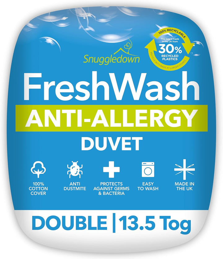 Plapumă pentru alergii Snuggledown Freshwash, 13,5 Tog Winter Warm, bumbac, alb, pat single