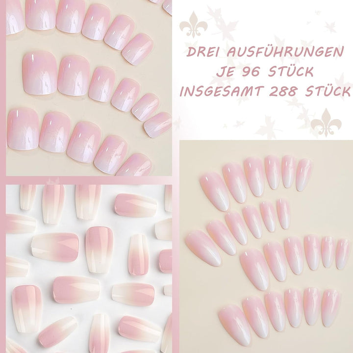 Set 288 bucăți unghii false Ombre Press-on - Kit unghii false artificiale Almond Square Medium Coffin - 3 stiluri gradient cu lipici pentru unghii acrilice pentru femei (Set gradient, 288 bucăți)
