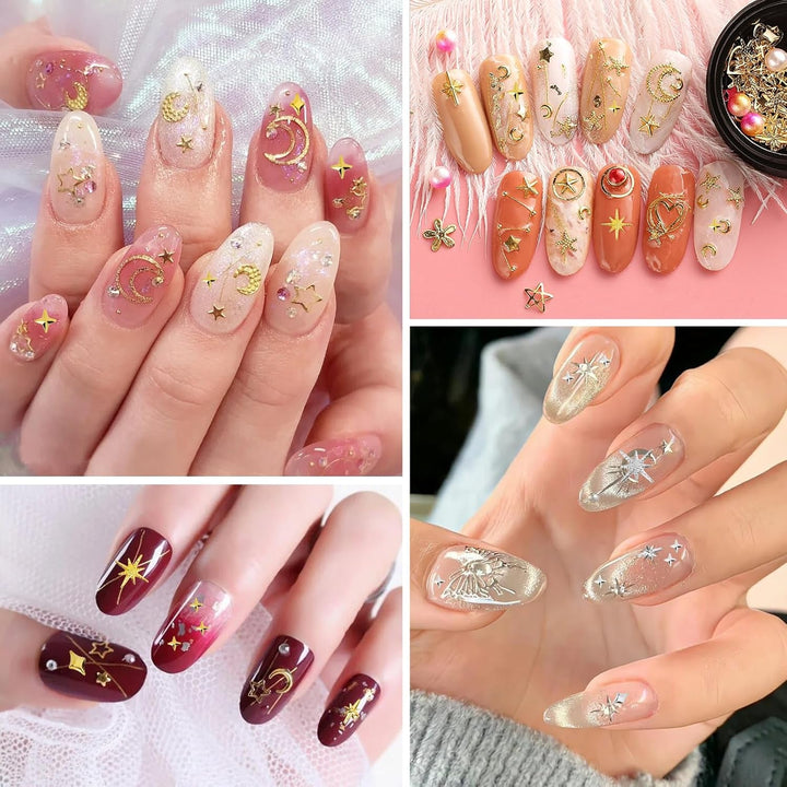 400 Stück Gold Silber Stern Nail Charms Nägel, 3D Metall Star Nagelkunst Dekorations, Star Nail Design Gemischt Größe Form Nägel Zubehör
