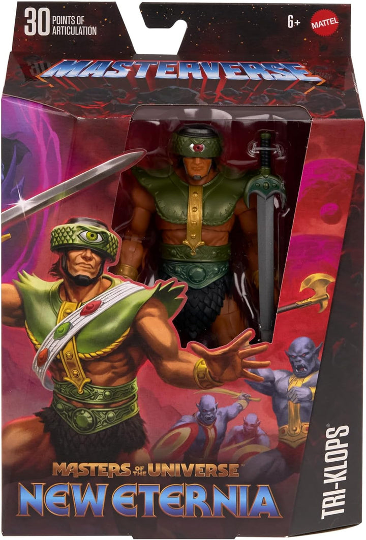 Masters of the Universe Masterverse New Eternia Tri-Klops Action Figure, figurină de colecție Deluxe cu 30 de puncte de mișcare și accesorii, Motu Toy, HYC52