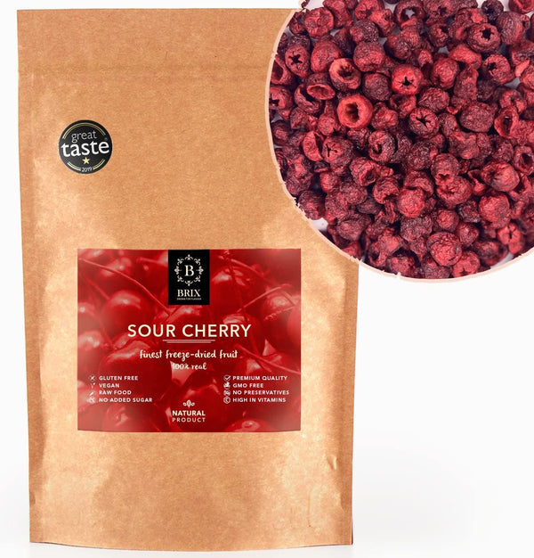 BRIX Cireșe amare liofilizate | Cireșe naturale uscate 105g | Great Taste Award Fructe uscate, Cireșe amare uscate | Fără OMG Fără gluten Vegan Vitaminele sunt conservate Produse deshidratate Naty Shop Titlu implicit