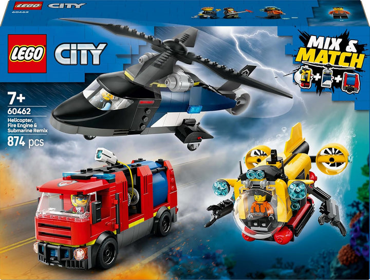 Set combinat LEGO City cu elicopter, mașina leului și submarin și 3 minifigurine - vehicule de jucărie construibile pentru băieți și fete de la 7 ani - cadou de ziua de naștere și de vacanță 60462